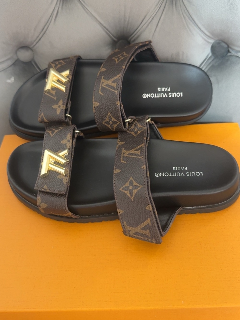 Louis Vuitton Brown Monogram Double-Strap Slide Sandals with Gold LV Hardware
